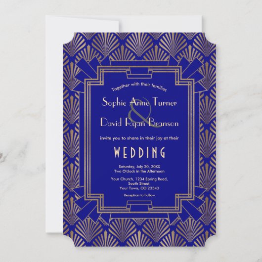 Royal Navy Blue Gold Great Gatsby Art Deco Wedding Einladung (Vorderseite)