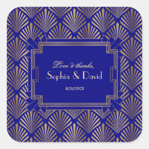 Royal Navy Blue Gold Great Gatsby Art Deco Wedding Quadratischer Aufkleber