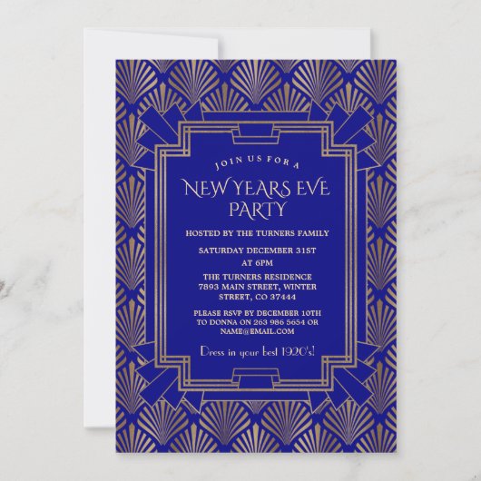 Royal Navy Blue Gold Great Gatsby New Year Party Einladung (Vorderseite)