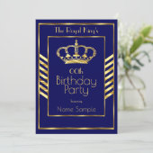 Royal Navy Blue King Man Birthday Party Gold Crown Einladung (Stehend Vorderseite)