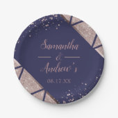 Royal Navy Blue Rose Gold Confetti Glitzer Wedding Pappteller (Vorderseite)