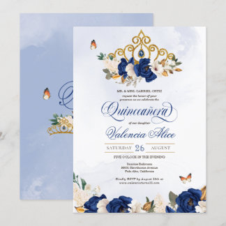 Royal Navy Blue Rose Gold Tiara Butterfly Quince Einladung