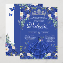 Royal Navy Blue Rosen Butterfly Silver Quinceanera Einladung