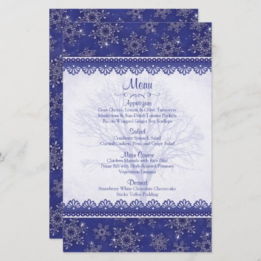 Royal Navy Blue Snowflake Winter Wedding Menu Card (Vorne/Hinten)