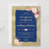 Royal Navy Blush Bloral Gold Hochzeit Einladung (Vorderseite)