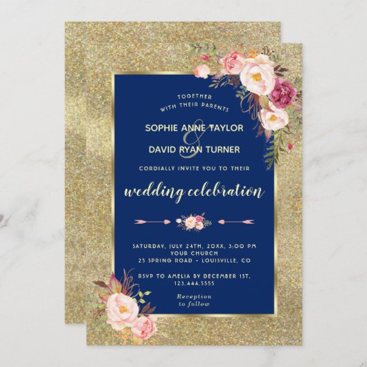 Royal Navy Blush Bloral Gold Hochzeit Einladung (Vorne/Hinten)