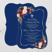 Royal Navy Burgundy Floral Gold First Communation Einladung (Vorne/Hinten)