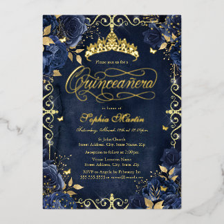 Royal Navy Gold Butterfly Rosen Quinceanera Folieneinladung