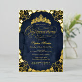 Royal Navy Gold Elegante Rose Script Quinceanera Folieneinladung (Stehend vorne)