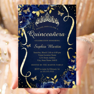 Royal Navy Gold Floral Butterfly Tiara Quinceanera Folieneinladung