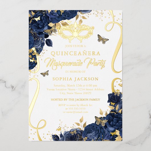 Royal Navy Masquerade Butterfly Quinceanera Folieneinladung (Vorderseite)
