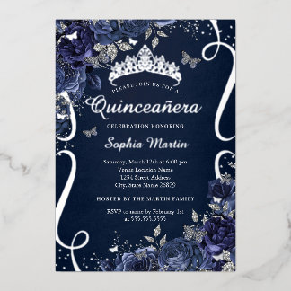 Royal Navy Scroll Floral Butterfly Quinceanera Folieneinladung