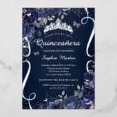 Royal Navy Scroll Floral Butterfly Quinceanera Folieneinladung (Vorderseite)