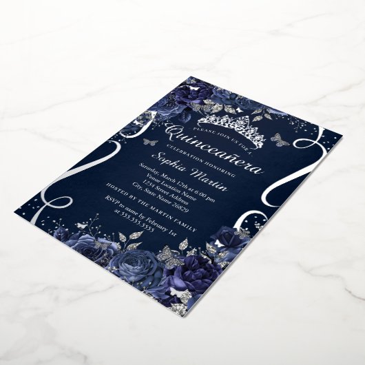 Royal Navy Scroll Floral Butterfly Quinceanera Folieneinladung (Gedreht)