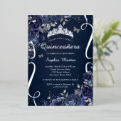 Royal Navy Scroll Floral Butterfly Quinceanera Folieneinladung (Stehend vorne)