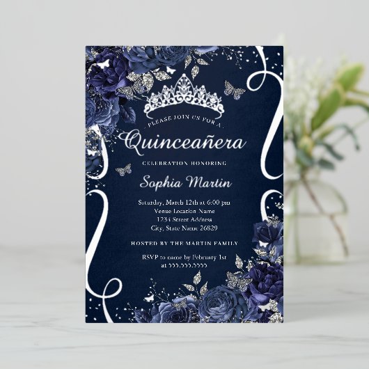 Royal Navy Scroll Floral Butterfly Quinceanera Folieneinladung (Stehend vorne)