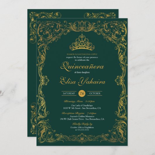 Royal Ornament Emerald Green Extravagant Elegante Einladung (Vorne/Hinten)