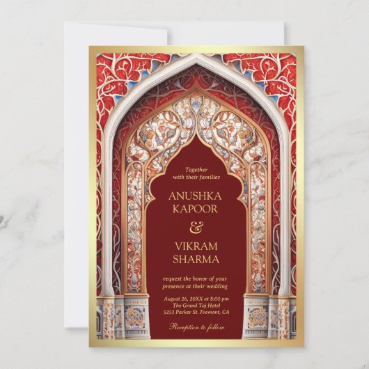 Royal Palace Red Arch Foto Maroon Indian Wedding Einladung (Vorderseite)