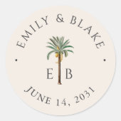Royal Palm Logo Elegant Tropical Monogram Wedding Runder Aufkleber (Vorderseite)