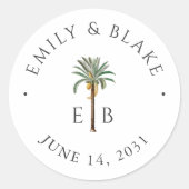 Royal Palm Logo Elegant Tropical Monogram Wedding Runder Aufkleber (Vorderseite)