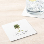 Royal Palm Tree Tropical Wedding Rechteckiger Pappuntersetzer<br><div class="desc">Königliche Palmen reihen viele schöne Straßen in Küstenstädten und tropischen Ortschaften ein. Der personalisierte Hochzeitsgetränk-Untersetzer besticht durch seine Eleganz und tropische Pracht. Freuen Sie sich auf eine königliche Aquarellpalme mit einer Textvorlage,  in der die Namen der Braut und des Bräutigams sowie das Hochzeitsdatum aufgeführt werden.</div>