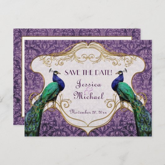 Royal Peacock (Lila) Save the Date Postkarte (Vorne/Hinten)