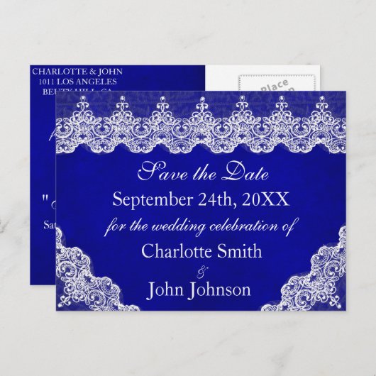 Royal Personalisiert Blue Cobalt Lace Save the Dat Ankündigungspostkarte (Vorne/Hinten)