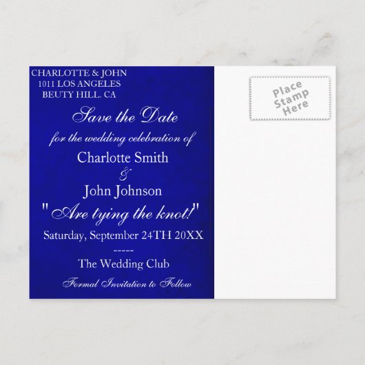 Royal Personalisiert Blue Cobalt Lace Save the Dat Ankündigungspostkarte (Rückseite)