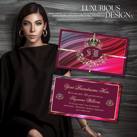 Royal Pink Burgundy Gold Crown mit Monogram Nobly Visitenkarte