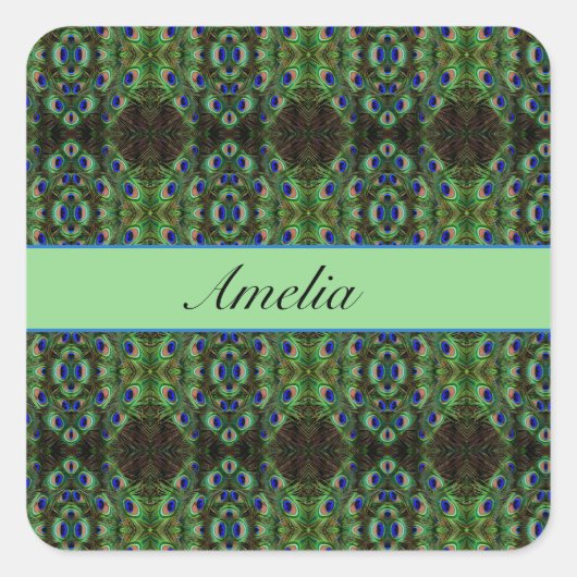 Royal Plumage - Luxe Peacock Feather Pattern Quadratischer Aufkleber (Vorderseite)