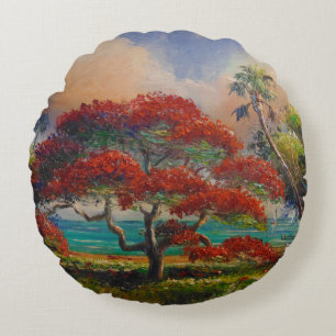 Royal Poinciana Tree & Boat von Mazz Rundes Kissen