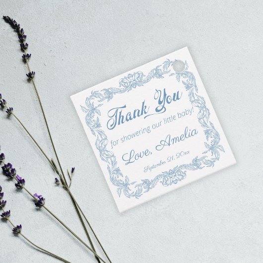 Royal Powder Blue Baroque Filigree Baby Dusche Geschenkanhänger