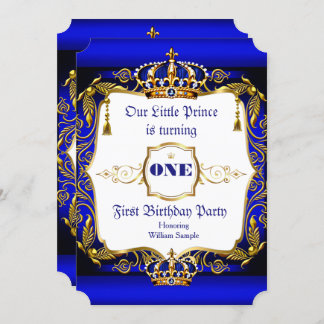 Royal Prince 1. Geburtstag Party Blue Gold Crown Einladung