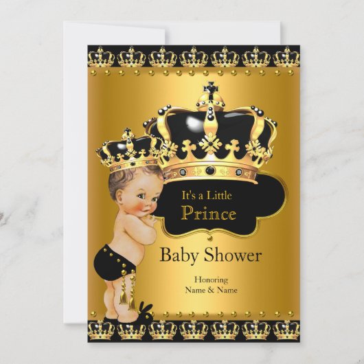 Royal Prince Baby Dusche Black Gold Brünett Einladung (Vorderseite)