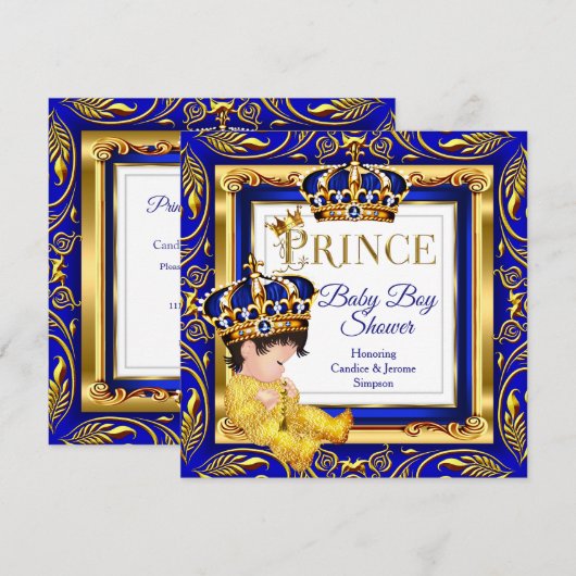 Royal Prince Baby Dusche Blue Gold Brünett Einladung (Vorne/Hinten)
