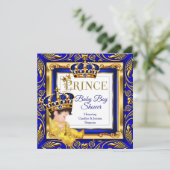 Royal Prince Baby Dusche Blue Gold Brünett Einladung (Stehend Vorderseite)