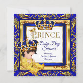 Royal Prince Baby Dusche Blue Gold Brünett Einladung (Vorderseite)