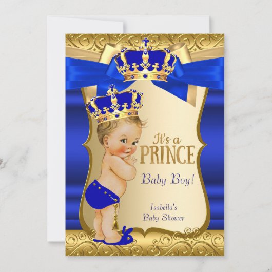 Royal Prince Baby Dusche Blue Gold Damask Blonde Einladung (Vorderseite)