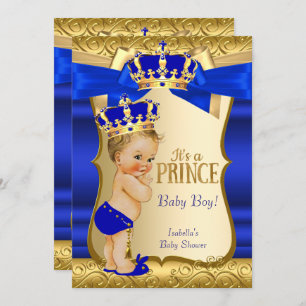 Royal Prince Baby Dusche Blue Gold Damask Blonde Einladung