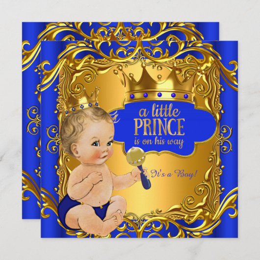 Royal Prince Baby Dusche Blue Gold Rattle Blonde Einladung (Vorne/Hinten)