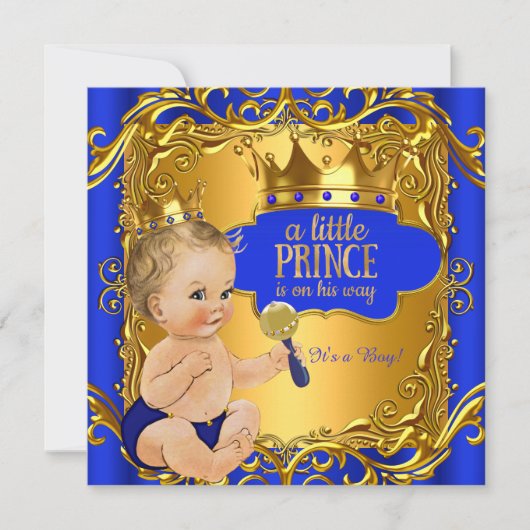 Royal Prince Baby Dusche Blue Gold Rattle Blonde Einladung (Vorderseite)