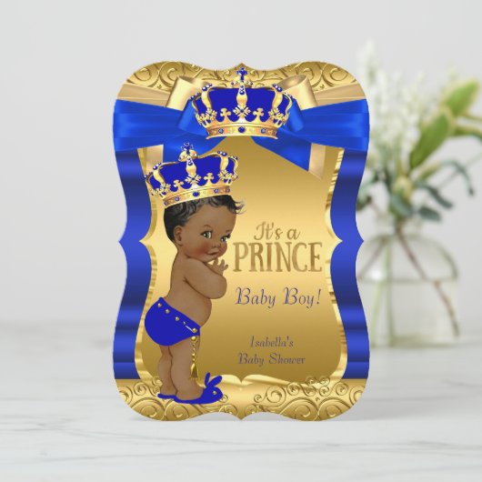 Royal Prince Baby Duwer Blue Gold Bow Ethnic Einladung (Stehend Vorderseite)