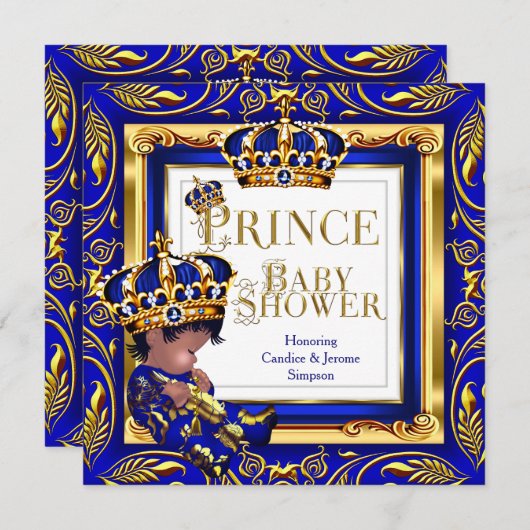 Royal Prince Baby Duwer Blue Gold Crown Ethnic Einladung (Vorne/Hinten)