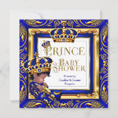 Royal Prince Baby Duwer Blue Gold Crown Ethnic Einladung (Vorderseite)