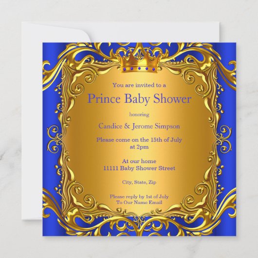 Royal Prince Baby Duwer Blue Gold Rattle Ethnic Einladung (Rückseite)