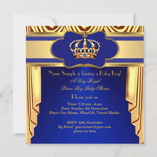 Royal Prince Baby Duwer Blue Gold Silk Drapes Einladung (Rückseite)
