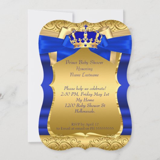 Royal Prince Baby Shower Blue Gold Bow Bow Einladung (Rückseite)