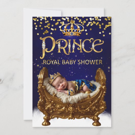Royal Prince Baby Shower Blue Gold Crib Glitter Einladung (Vorderseite)