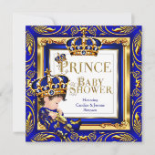 Royal Prince Baby Shower Blue Gold Crown Brünett Einladung (Vorderseite)