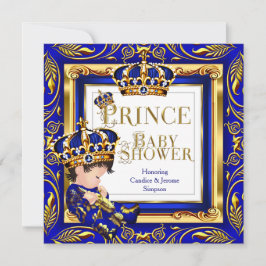 Royal Prince Baby Shower Blue Gold Crown Brünett Einladung